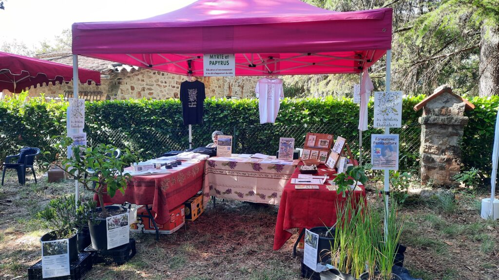 Stand de l'Association Myrte et Papyrus lors de l'Assemblée du Désert 2025 à Mialet (Gard)